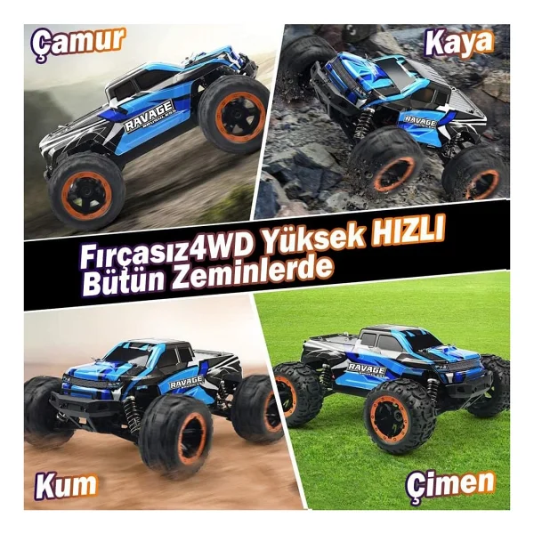Haiboxing RC 1/16 Ravage 45+ KM/H Sürat Uzaktan Kumandalı RC Model Araba RTR Elektrikli 4WD Brushless Fırçasız Offroad Truck mavi - Görsel 2