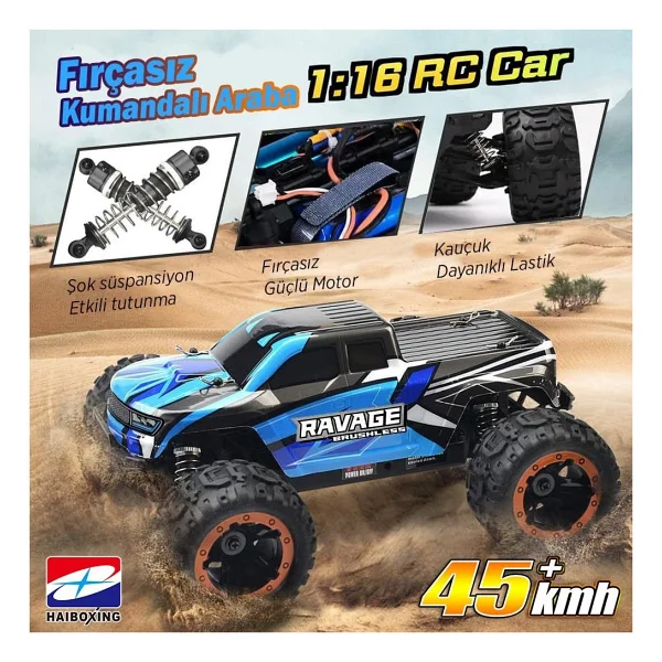 Haiboxing RC 1/16 Ravage 45+ KM/H Sürat Uzaktan Kumandalı RC Model Araba RTR Elektrikli 4WD Brushless Fırçasız Offroad Truck mavi - Görsel 3