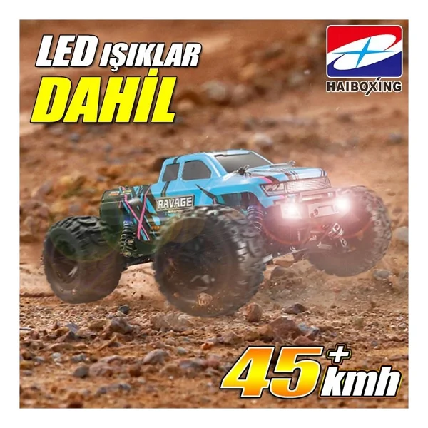 Haiboxing RC 1/16 Ravage 45+ KM/H Sürat Uzaktan Kumandalı RC Model Araba RTR Elektrikli 4WD Brushless Fırçasız Offroad Truck mavi - Görsel 4