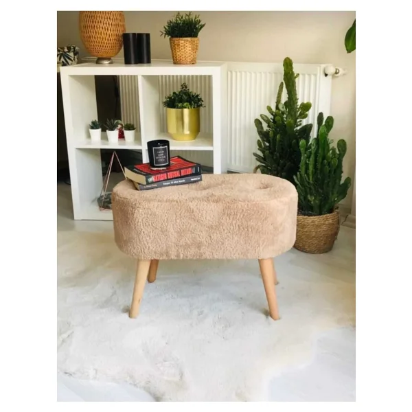 BEYLERBEYİ Gürgen Ahşap Ayak Welsoft Kumaş Oval Pufidik Puf Bench Tabure Sandalye Berjer Koltuk - Görsel 6