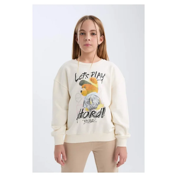 Defacto Kız Çocuk Oversize Geniş Kalıp Bisiklet Yaka Ayıcık Baskılı Sweatshirt D0607a824au - Ekru-Er99 - 13 - 14 Yaş - Görsel 9