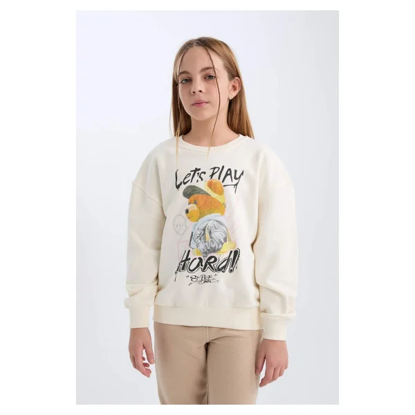 Defacto Kız Çocuk Oversize Geniş Kalıp Bisiklet Yaka Ayıcık Baskılı Sweatshirt D0607a824au - Ekru-Er99 - 13 - 14 Yaş - Görsel 3