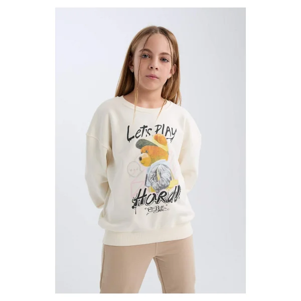 Defacto Kız Çocuk Oversize Geniş Kalıp Bisiklet Yaka Ayıcık Baskılı Sweatshirt D0607a824au - Ekru-Er99 - 13 - 14 Yaş - Görsel 4