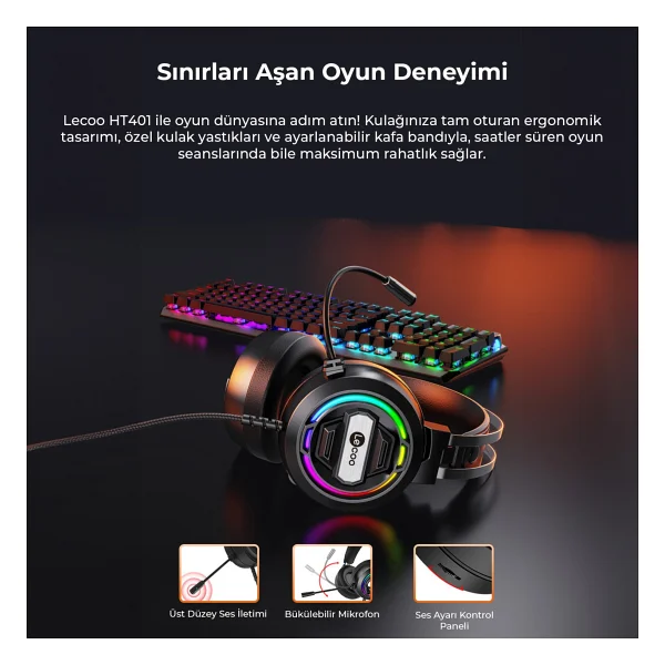 Lenovo Lecoo Ht401 RGB 3.5mm/USB Kablolu Kulak Üstü Oyuncu Kulaklığı - Görsel 4