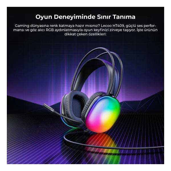 Lenovo Lecoo Ht409 Siyah RGB USB Kablolu Kulak Üstü Oyuncu Kulaklığı - Görsel 7