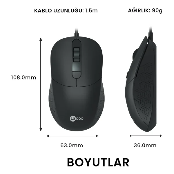 Lenovo Lecoo Ms102 Ergonomik Optik Kablolu Mouse - Görsel 3
