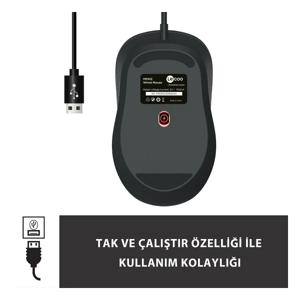 Lenovo Lecoo Ms102 Ergonomik Optik Kablolu Mouse - Görsel 4