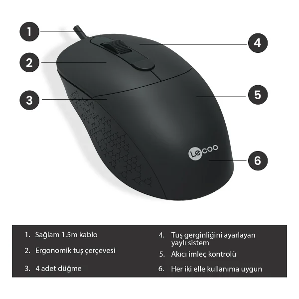 Lenovo Lecoo Ms102 Ergonomik Optik Kablolu Mouse - Görsel 5