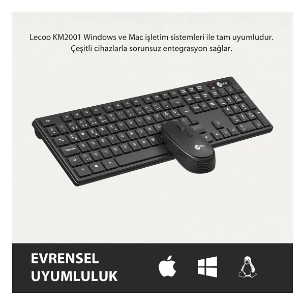 Lenovo Lecoo Km2001 Siyah Kablosuz Klavye Mouse Seti - Görsel 6