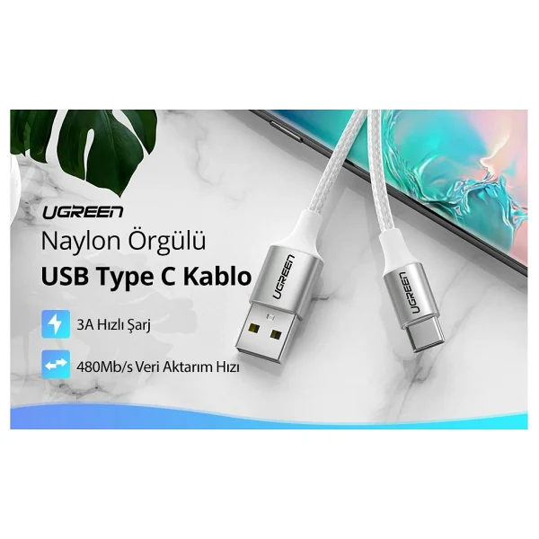 Ugreen 60409 3 M Beyaz USB To Type-C Hızlı Şarj Kablosu - Görsel 2
