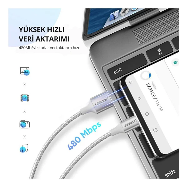 Ugreen 60409 3 M Beyaz USB To Type-C Hızlı Şarj Kablosu - Görsel 5