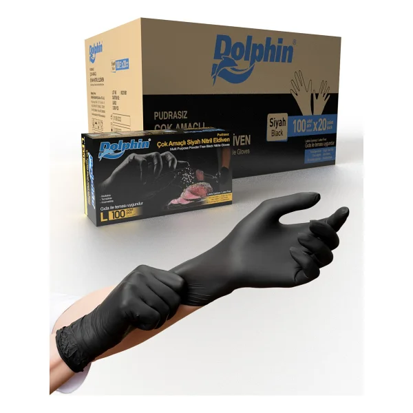 Dolphin Pudrasız Çok Amaçlı Siyah Nitril Büyük Boy (L) 100'lü 20 Paket Eldiven - Görsel 4