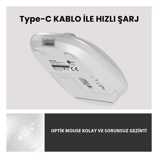 Lenovo Lecoo Ws209 Beyaz Şarjlı Sessiz Ergonomik Optik Kablosuz Mouse - Görsel 2