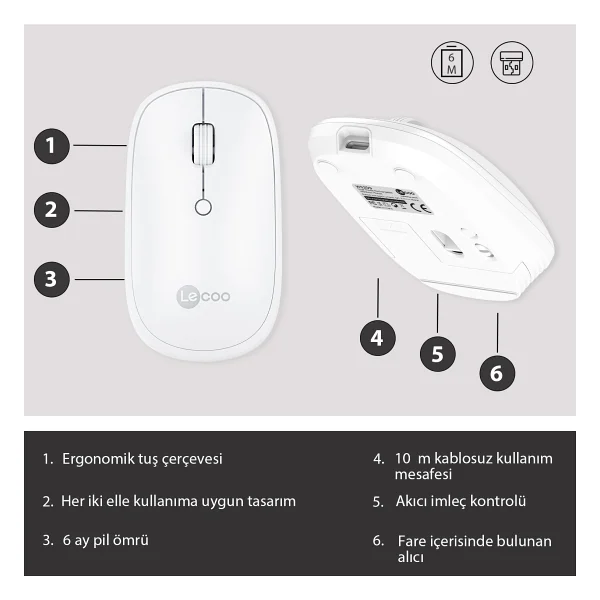 Lenovo Lecoo Ws209 Beyaz Şarjlı Sessiz Ergonomik Optik Kablosuz Mouse - Görsel 4