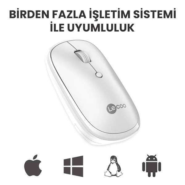 Lenovo Lecoo Ws209 Beyaz Şarjlı Sessiz Ergonomik Optik Kablosuz Mouse - Görsel 5
