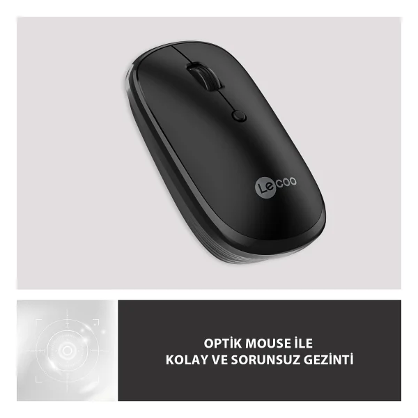 Lenovo Lecoo Ws209 Siyah Şarjlı Sessiz Ergonomik Optik Kablosuz Mouse - Görsel 2