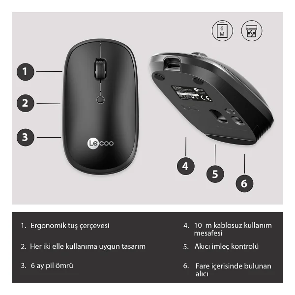 Lenovo Lecoo Ws209 Siyah Şarjlı Sessiz Ergonomik Optik Kablosuz Mouse - Görsel 5