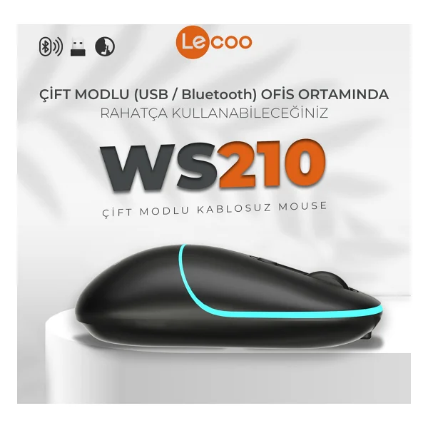Lenovo Lecoo Ws210 Siyah RGB Şarjlı Sessiz Ergonomik Optik Kablosuz Mouse - Görsel 2