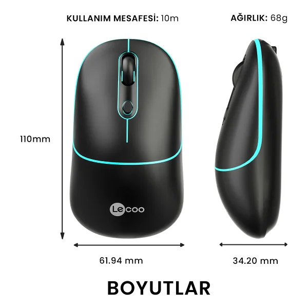 Lenovo Lecoo Ws210 Siyah RGB Şarjlı Sessiz Ergonomik Optik Kablosuz Mouse - Görsel 5