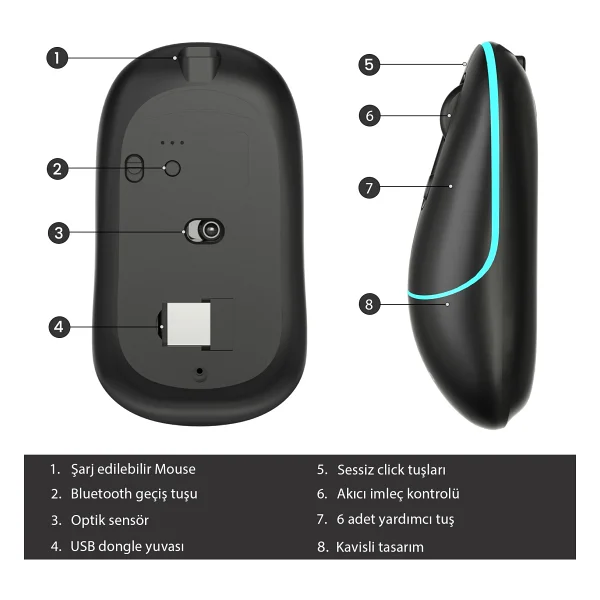 Lenovo Lecoo Ws210 Siyah RGB Şarjlı Sessiz Ergonomik Optik Kablosuz Mouse - Görsel 6