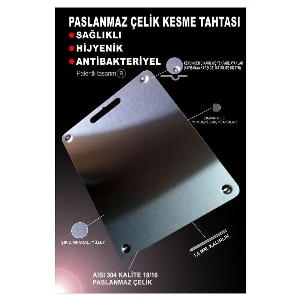Bright Paslanmaz Çelik Kesme Tahtası ( Gömme Ayaklı - 304 )Patentli - Antibakteriyel - Görsel 10