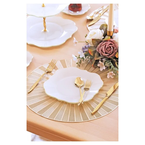 Glore Lotus Krem 6 Kişilik Cam Pasta Tabağı Takımı Altın Yaldızlı - 21cm - Görsel 6