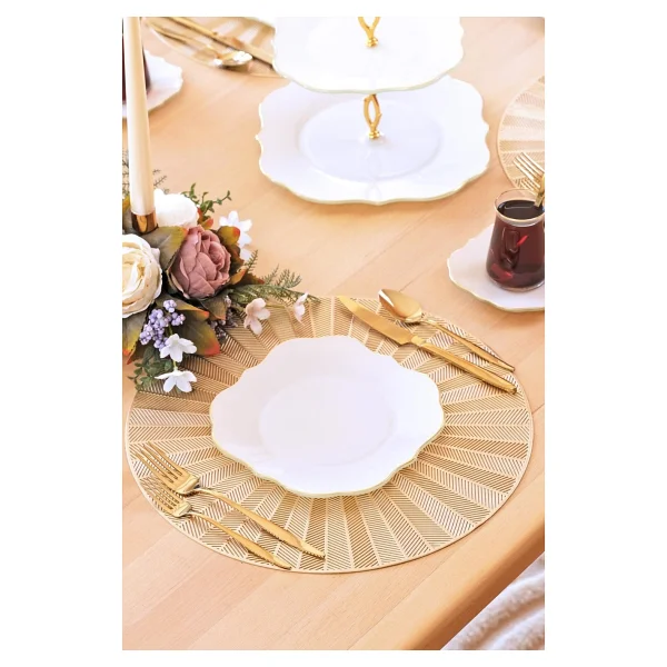 Glore Lotus Krem 6 Kişilik Cam Pasta Tabağı Takımı Altın Yaldızlı - 21cm - Görsel 2