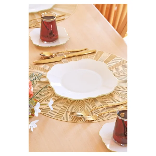 Glore Lotus Krem 6 Kişilik Cam Pasta Tabağı Takımı Altın Yaldızlı - 21cm - Görsel 3