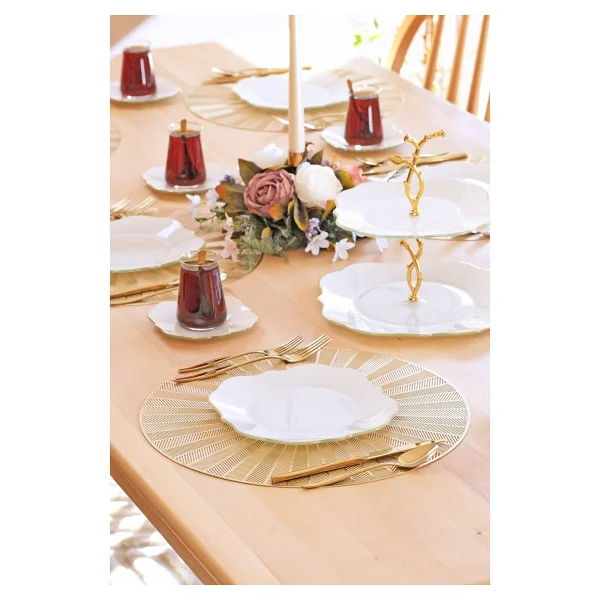 Glore Lotus Krem 6 Kişilik Cam Pasta Tabağı Takımı Altın Yaldızlı - 21cm - Görsel 4