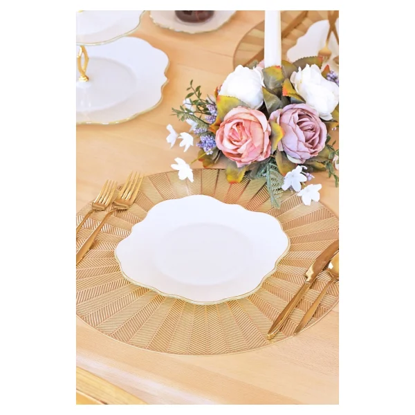 Glore Lotus Krem 6 Kişilik Cam Pasta Tabağı Takımı Altın Yaldızlı - 21cm - Görsel 5