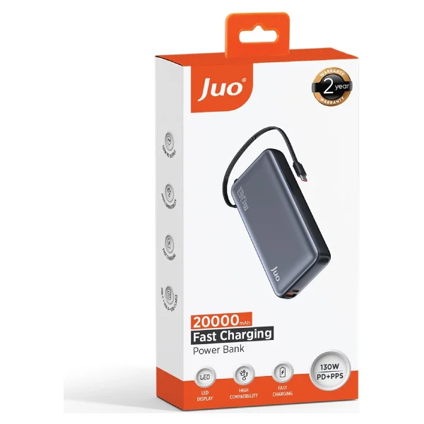 Juo 20000 mAh 130w LED Ekranlı USB-A + Type-C Kablolu Powerbank Taşınabilir Hızlı Şarj Cihazı - Siyah - Görsel 9