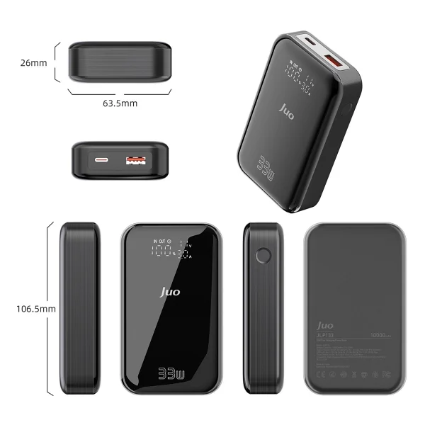Juo 10000 mAh 33w LED Watt Amper Göstergeli USB-A + Type-C Powerbank Taşınabilir Hızlı Şarj Cihazı - Siyah - Görsel 8