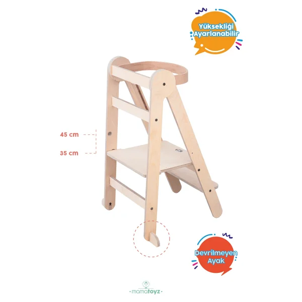Mamatoyz Fold Natural Katlanır Öğrenme Kulesi - Katlanabilir Mutfak Yardımcısı - Portatif Öğrenme Kulesi Natural Ahşap Rengi - Görsel 7