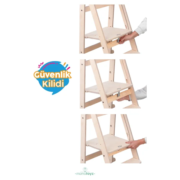 Mamatoyz Fold Natural Katlanır Öğrenme Kulesi - Katlanabilir Mutfak Yardımcısı - Portatif Öğrenme Kulesi Natural Ahşap Rengi - Görsel 8