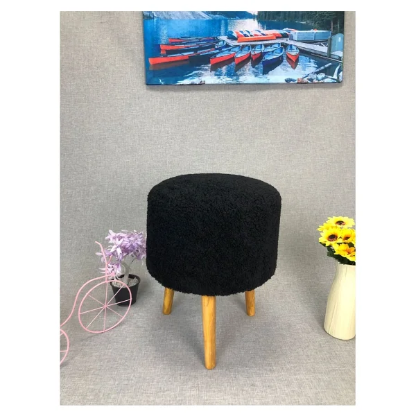 Beylerbeyi Coco Puf, Peluş,3 Ayak, Siyah,Oturma Odası, Makyaj Masası Pufu - Görsel 3