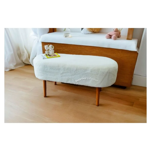 Beylerbeyi Nare Puf Gri ,Retro Ceviz Renk Ahşap Ayaklı Geniş Oturum Alanlı Oval Bench - Görsel 4