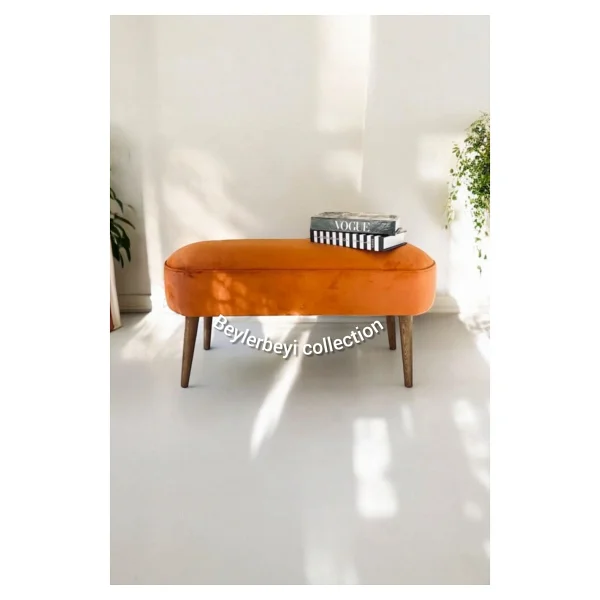 Beylerbeyi Nare Puf Gri ,Retro Ceviz Renk Ahşap Ayaklı Geniş Oturum Alanlı Oval Bench - Görsel 2
