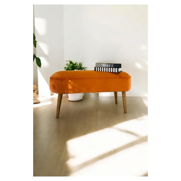 Beylerbeyi Nare Puf Gri ,Retro Ceviz Renk Ahşap Ayaklı Geniş Oturum Alanlı Oval Bench - Görsel 5