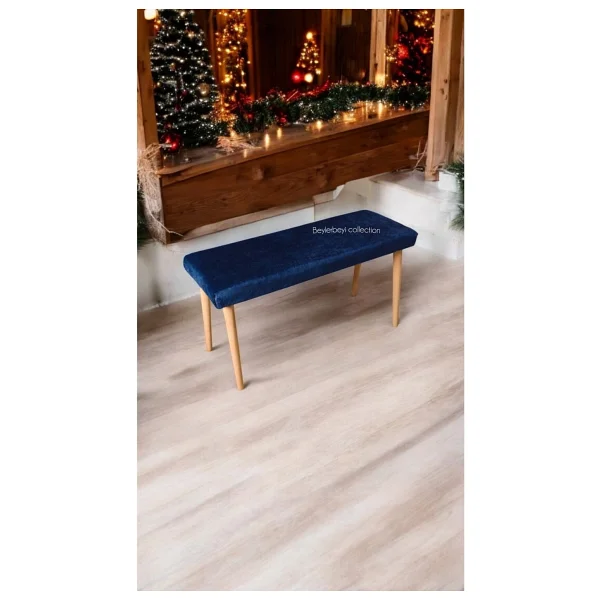 Beylerbeyi Ahşap Ayaklı Handmade Geniş Oturum Alanlı Düz Kumaş Pofidik Puf Bench, Ayak Ucu Uzatmalık - Lacivert - Görsel 2