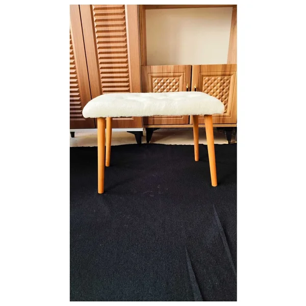 Beylerbeyi Ahşap Ayaklı Tedy Kumaş Dekoratif Puf Bench Makyaj Sandalyesi Oval - Beyaz - Görsel 2