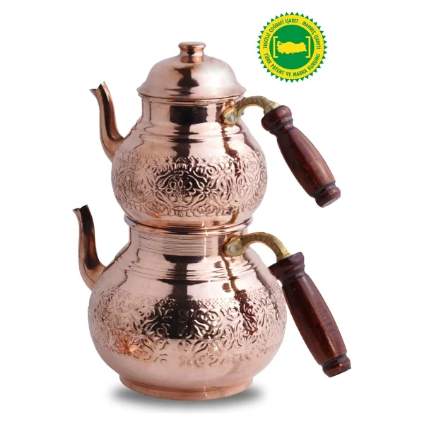 Bakır Büyük Sarmaşık Desenli Çaydanlık - Görsel 2