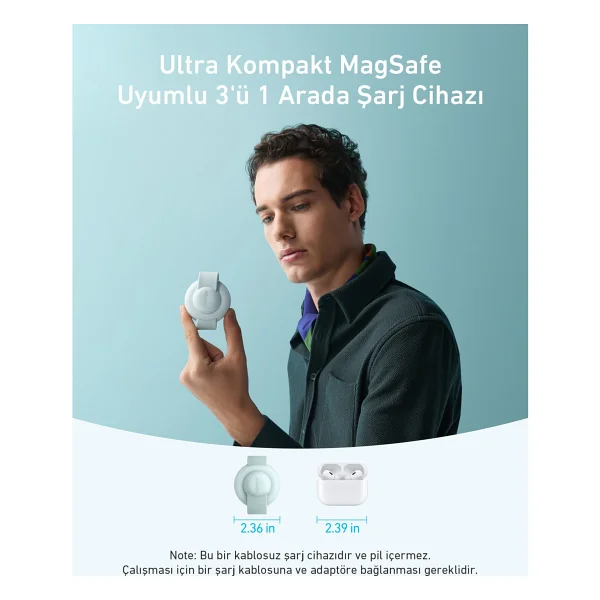 Anker Ufo Maggo B25m8 Yeşil 3in1 Magsafe Kablosuz Şarj Aleti - Görsel 3