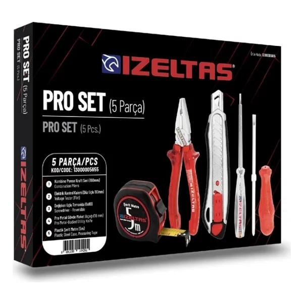 İzeltaş 5'li Pro Set 5 Parça Kraft Pense 160 Mm + Kontrol Kalemi + Tornavida + Maket Bıçağı + Şerit Metre - Görsel 6