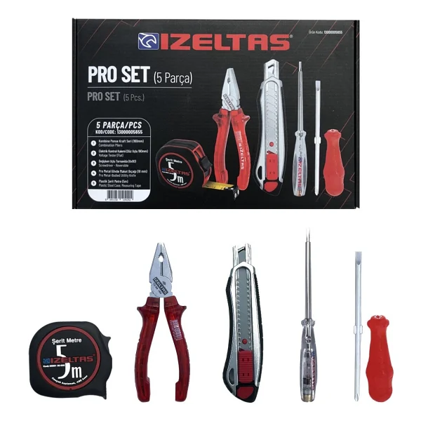 İzeltaş 5'li Pro Set 5 Parça Kraft Pense 160 Mm + Kontrol Kalemi + Tornavida + Maket Bıçağı + Şerit Metre - Görsel 3
