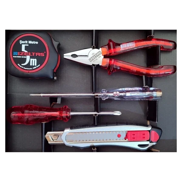 İzeltaş 5'li Pro Set 5 Parça Kraft Pense 160 Mm + Kontrol Kalemi + Tornavida + Maket Bıçağı + Şerit Metre - Görsel 4