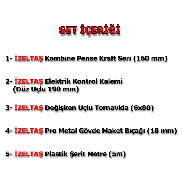 İzeltaş 5'li Pro Set 5 Parça Kraft Pense 160 Mm + Kontrol Kalemi + Tornavida + Maket Bıçağı + Şerit Metre - Görsel 5