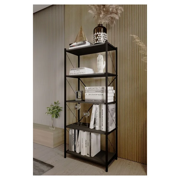 Barin Design 5 Raflı Kitaplık Demir Profil Modern Iskandinav Çalışma Odası Ofis Salon Kitaplığı Evrak Rafı Metal - Antrasit - Görsel 2