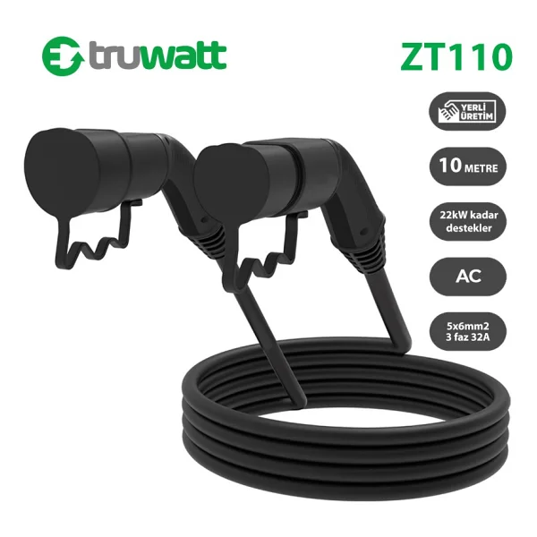 Truwatt ZT110 Elektrikli Araç Şarj Kablosu Type-2 32A/22KW/380V (10 Metre) - Görsel 4