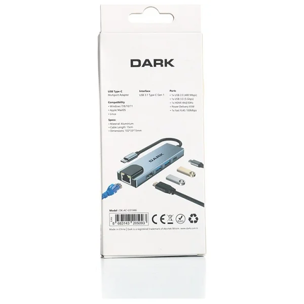 Dark 5'i 1 Arada USB 3.1 Type-C To Ethernet / Hdmı / USB 3.0 - USB 2.0 / USB-C Pd 65w MacBook Pro/Air & Notebook/Ultrabook İçin Port Çoklayıcı Hub - Görsel 8