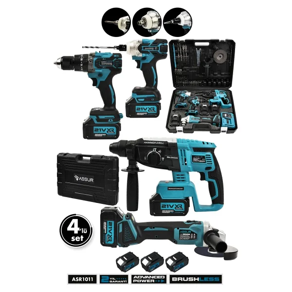 Assur Profesyonel 21v Akülü Kırıcı Delici Hilti & Taşlama & Matkap & Somun Sıkma Sökme 4'lü Set - Görsel 3